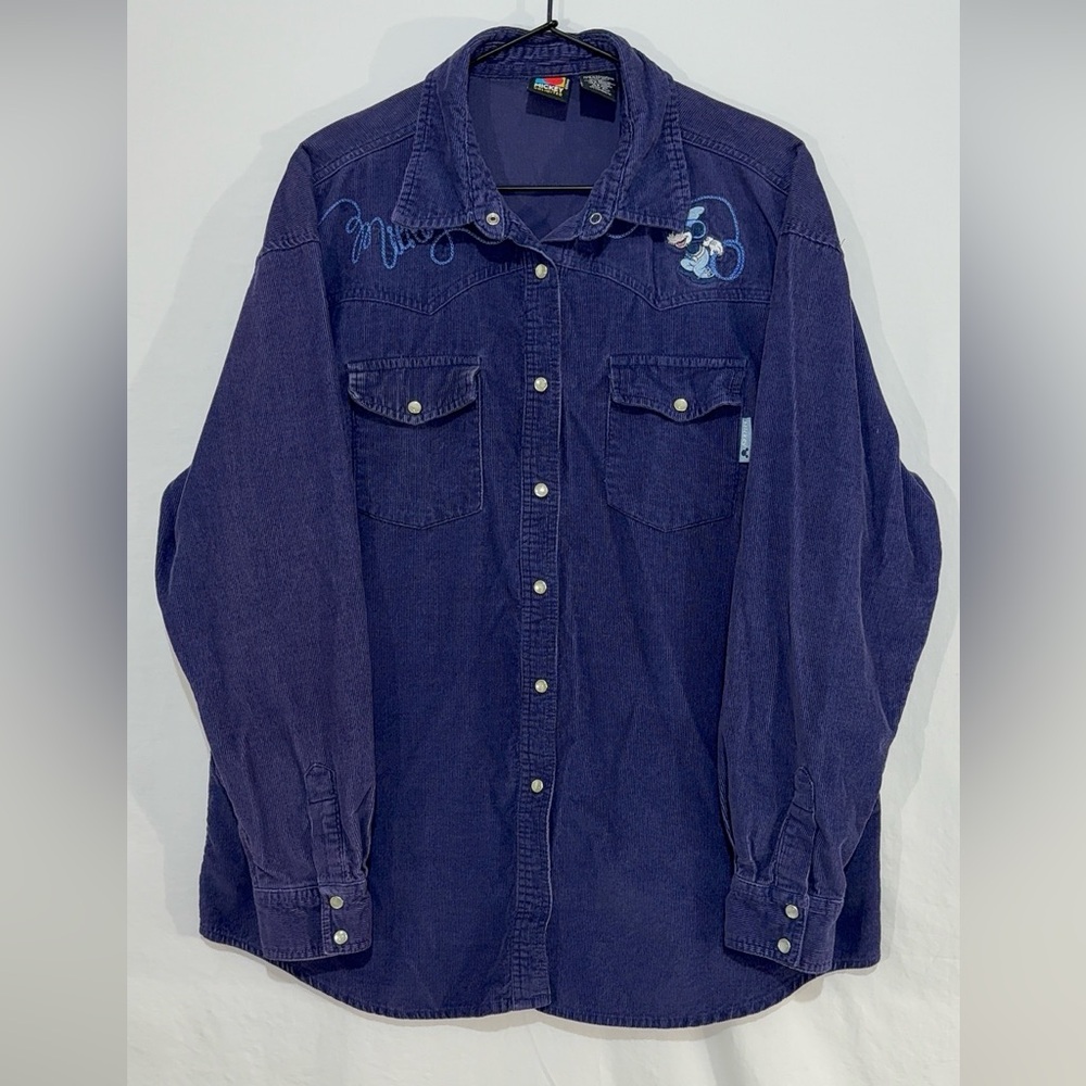 Disney Cowboy Mickey Mouse Corduroy Pearl Snap Collar Long Sleeve Shirt Large